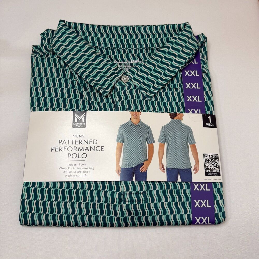 Size XXL Member's Mark Patterned Performance Polo UPF 50 Moisture Wicking Green